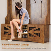 Sikaic Hall Tree 59.1 Inches 5-in-1 Hall Tree with Bench and 16 Shoe Cubbies Coat Hooks Barn Door & Adjustable Shelf Rustic Brown