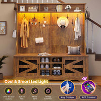 Sikaic Hall Tree 59.1 Inches 5-in-1 Hall Tree with Bench and 16 Shoe Cubbies Coat Hooks Barn Door & Adjustable Shelf Rustic Brown