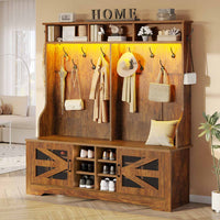 Sikaic Hall Tree 59.1 Inches 5-in-1 Hall Tree with Bench and 16 Shoe Cubbies Coat Hooks Barn Door & Adjustable Shelf Rustic Brown