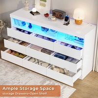 Sikaic Dresser White Dresser Chest of 9 No-Handle Drawers with LED RGB Lights for Bedroom