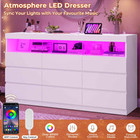 Sikaic Dresser White Dresser Chest of 9 No-Handle Drawers with LED RGB Lights for Bedroom