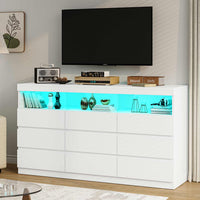 Sikaic Dresser White Dresser Chest of 9 No-Handle Drawers with LED RGB Lights for Bedroom