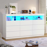 Sikaic Dresser White Dresser Chest of 9 No-Handle Drawers with LED RGB Lights for Bedroom