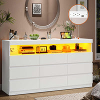 Sikaic Dresser White Dresser Chest of 9 No-Handle Drawers with LED RGB Lights for Bedroom