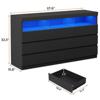 Sikaic Dresser Black Dresser Chest of 9 No-Handle Drawers with LED RGB Lights for Bedroom