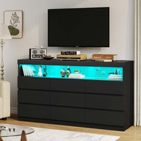 Sikaic Dresser Black Dresser Chest of 9 No-Handle Drawers with LED RGB Lights for Bedroom