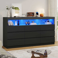 Sikaic Dresser Black Dresser Chest of 9 No-Handle Drawers with LED RGB Lights for Bedroom