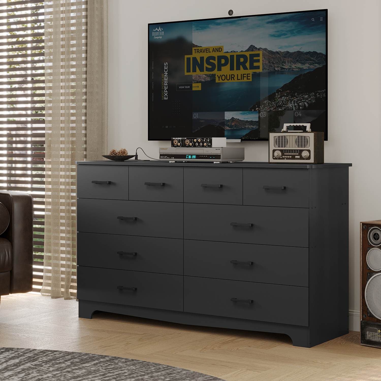 Sikaic Dresser Bedroom Furniture 55.1 Inches Dresser with 10 Storage Drawers Black / Engineered Wood / Modern