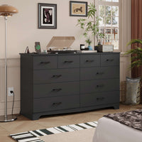 Sikaic Dresser 55.1 Inches 10 Drawers Modern Long Dresser with Power Outlets and Ample Storage Organizer for Bedroom Black