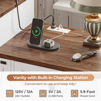 Sikaic Makeup Vanity 56.5 Inches Makeup Vanity Desk with Hollywood Mirror and Charging Station Open Shelves 5 Drawers 2 Cabinets for Bedroom White