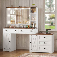 Sikaic Makeup Vanity 56.5 Inches Makeup Vanity Desk with Hollywood Mirror and Charging Station Open Shelves 5 Drawers 2 Cabinets for Bedroom White