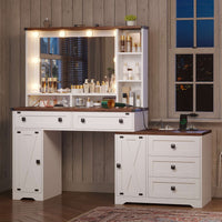 Sikaic Makeup Vanity 56.5 Inches Makeup Vanity Desk with Hollywood Mirror and Charging Station Open Shelves 5 Drawers 2 Cabinets for Bedroom White