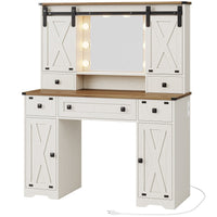 Sikaic Makeup Vanity Farmhouse Makeup Vanity Desk Mirror with Sliding Barn Door 3 Lighting Modes Adjustable and Charging Station White