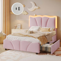 Sikaic Bed Frame Upholstered Platform Led Bed Frame with USB Ports Drawers Pink