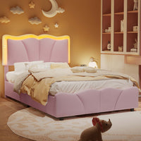 Sikaic Bed Frame Upholstered Platform Led Bed Frame with USB Ports Drawers Pink