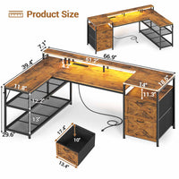 Sikaic Gaming Desk 67 Inches Reversible L Shaped Gaming Desk with Power Outlet LED Lights & Drawers Storage Shelves Rustic Brown
