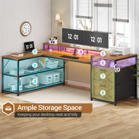 Sikaic Gaming Desk 67 Inches Reversible L Shaped Gaming Desk with Power Outlet LED Lights & Drawers Storage Shelves Rustic Brown