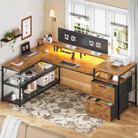 Sikaic Gaming Desk 67 Inches Reversible L Shaped Gaming Desk with Power Outlet LED Lights & Drawers Storage Shelves Rustic Brown