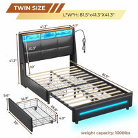 Sikaic Bed Frame Twin Size 4 Storage Drawers LED Bed Frame with Charging Station Black