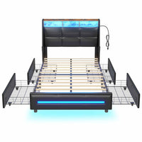 Sikaic Bed Frame Twin Size 4 Storage Drawers LED Bed Frame with Charging Station Black