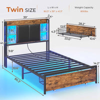 Sikaic Bed Frame Twin Bed Frame with Upholstered Storage Headboard and LED Lights Charging Station & Drawers Vintage Brown and Black