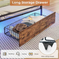 Sikaic Bed Frame Twin Bed Frame with Upholstered Storage Headboard and LED Lights Charging Station & Drawers Vintage Brown and Black