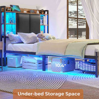 Sikaic Bed Frame Twin Bed Frame with Upholstered Storage Headboard and LED Lights Charging Station & Drawers Vintage Brown and Black