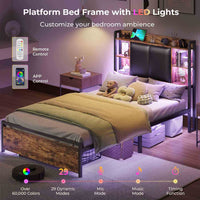 Sikaic Bed Frame Twin Bed Frame with Upholstered Storage Headboard and LED Lights Charging Station & Drawers Vintage Brown and Black