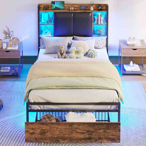 Sikaic Bed Frame Twin Bed Frame with Upholstered Storage Headboard and LED Lights Charging Station & Drawers Vintage Brown and Black