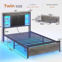 Sikaic Bed Frame Twin Bed Frame with Upholstered Storage Headboard and LED Lights Charging Station & Drawers Grey and Black