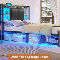 Sikaic Bed Frame Twin Bed Frame with Upholstered Storage Headboard and LED Lights Charging Station & Drawers Grey and Black