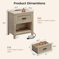 Sikaic 4-Piece Set Boho Rattan Dresser Nightstand Set with Charging Station Grey Oak Grey Oak / Engineered Wood / Boho