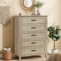 Sikaic 4-Piece Set Boho Rattan Dresser Nightstand Set with Charging Station Grey Oak Grey Oak / Engineered Wood / Boho