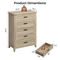 Sikaic 4-Piece Set Boho Rattan Dresser Nightstand Set with Charging Station Grey Oak Grey Oak / Engineered Wood / Boho