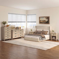 Sikaic 4-Piece Set Boho Rattan Dresser Nightstand Set with Charging Station Grey Oak Grey Oak / Engineered Wood / Boho