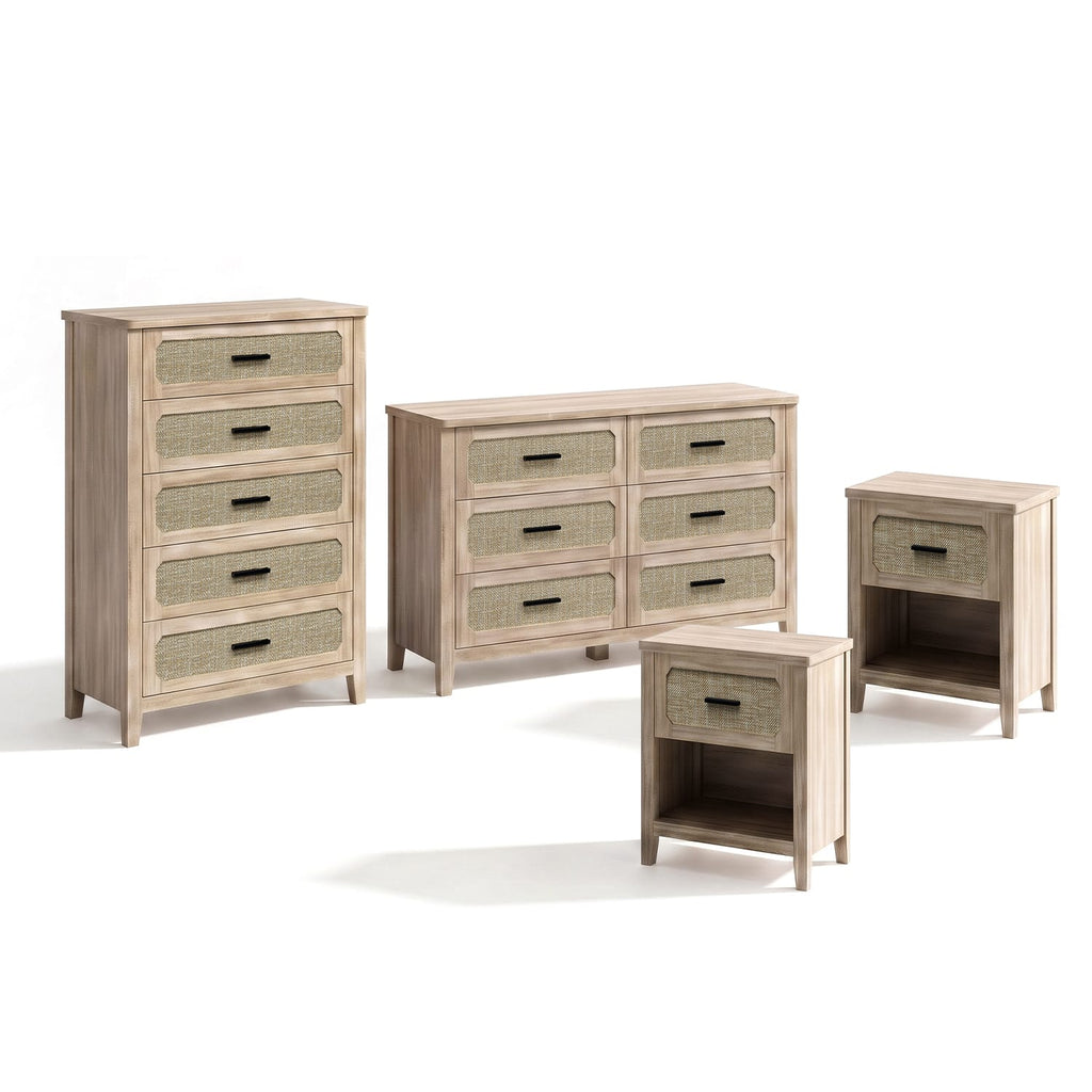 Boho Rattan Dresser Nightstand Set with Charging Station Grey Oak