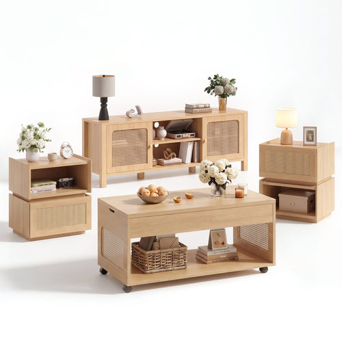 Sikaic 4-Piece Set 4-Piece Sikaic Boho Rattan Living Room Set Natural Natural / TV Stand + Coffee Table + 2 Side Tables