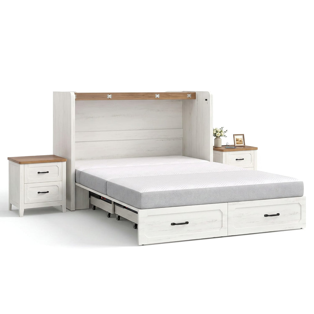 Sikaic 4-Piece Set Farmhouse Full Murphy Bed Set with Trifold Mattress & Nightstand Rustic White Rustic White / Engineered Wood/High Density Foam / Full