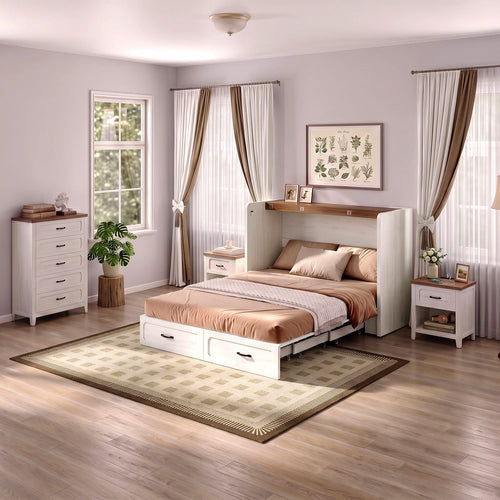 Sikaic 4-Piece Set Farmhouse Queen Murphy Bed Set with Trifold Mattress & Nightstand Rustic White Rustic White / Engineered Wood/High Density Foam / Queen