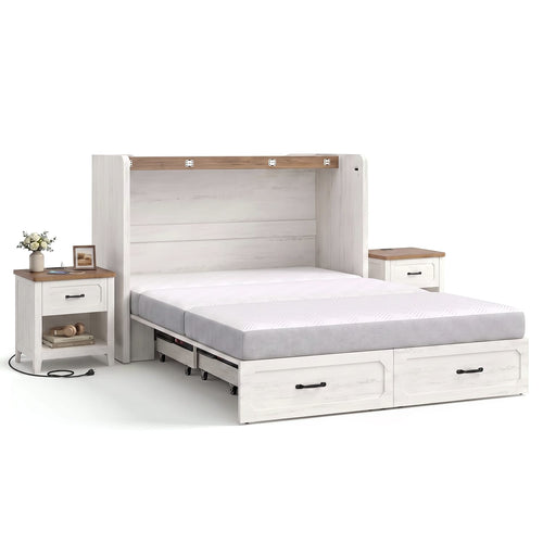 Sikaic 4-Piece Set Farmhouse Queen Murphy Bed Set with Trifold Mattress & Nightstand Rustic White Rustic White / Engineered Wood/High Density Foam / Queen