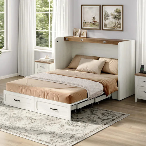 Sikaic 4-Piece Set Farmhouse Queen Murphy Bed Set with Trifold Mattress & Nightstand Rustic White Rustic White / Engineered Wood/High Density Foam / Queen