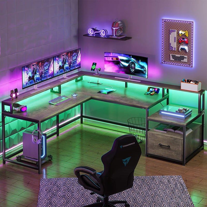 Sikaic 66" L Shaped Corner Two Person Gaming Desk with File Drawer Power Outlet Led Lights Monitor Shelf