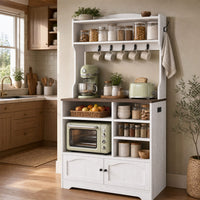 Sikaic Bakers Rack 31.5 inch Farmhouse Bakers Rack with Power Outlet & Storage White White / Engineered Wood / Farmhouse