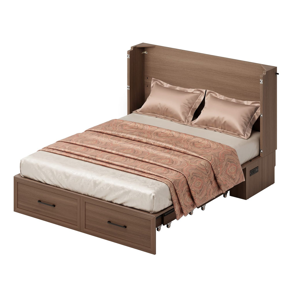 Sikaic Bed Queen Murphy Bed with Drawer & Charging Station,Brown Brown / Engineered Wood / 62 x 23.6 x 47.4 inches
