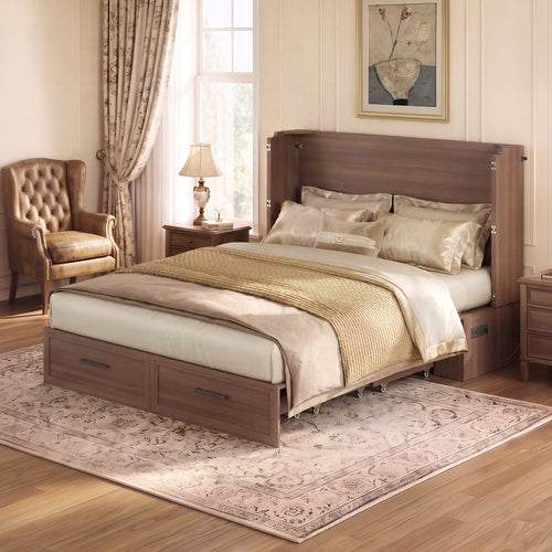 Sikaic Bed Queen Murphy Bed with Drawer & Charging Station,Brown Brown / Engineered Wood / 62 x 23.6 x 47.4 inches