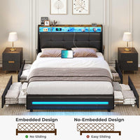 Sikaic Bed Frame 4 Storage Drawers LED Bed Frame with Charging Station Black