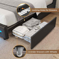 Sikaic Bed Frame 4 Storage Drawers LED Bed Frame with Charging Station Black