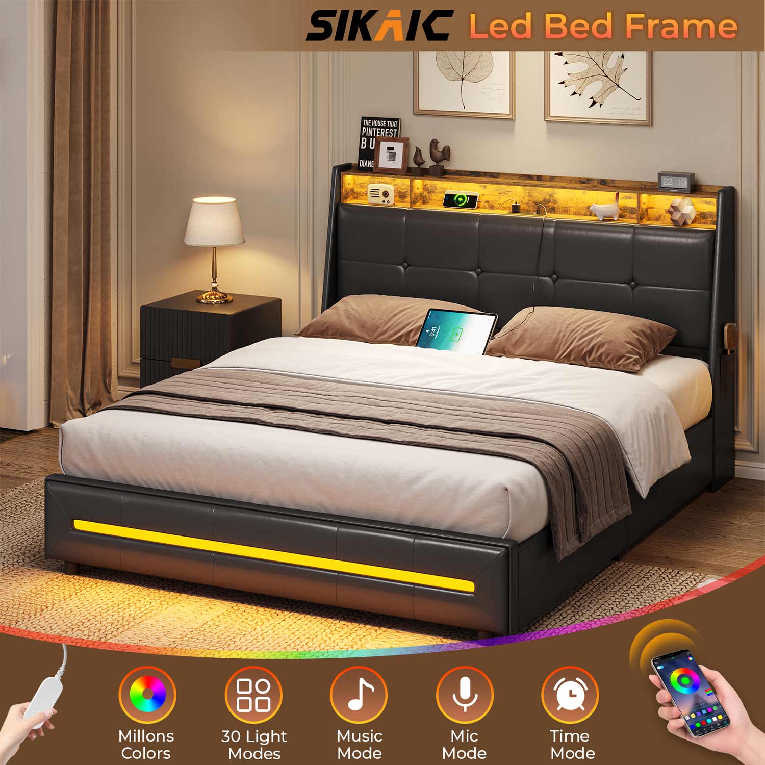 Sikaic Drawers LED Bed Frame with Charging Station Black