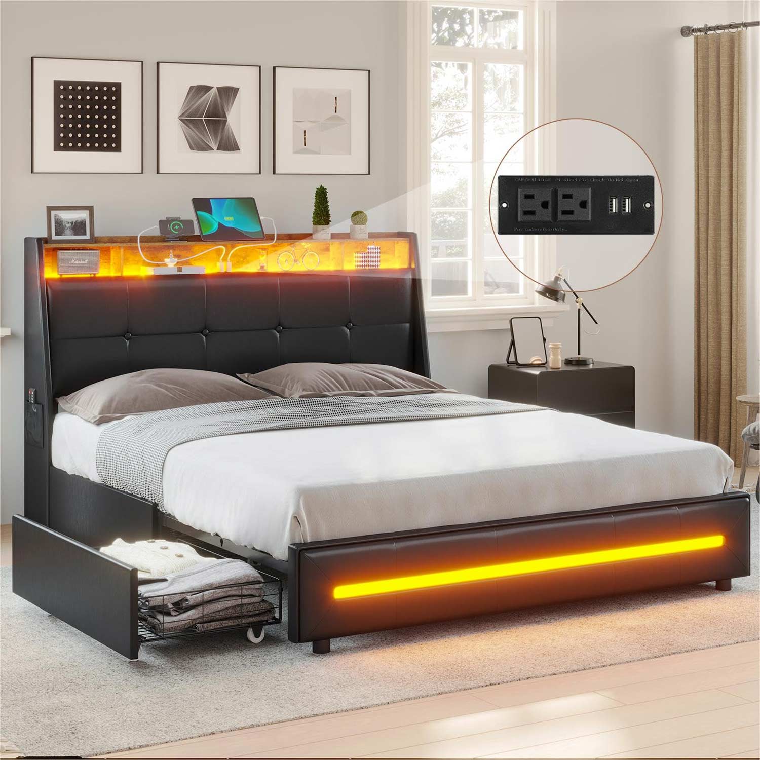 4 Storage Drawers LED Bed Frame With Charging Station Black