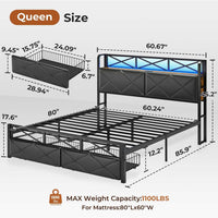 Sikaic Bed Frame LED Metal Bed Frame Storage Headboard with Charging Station Black